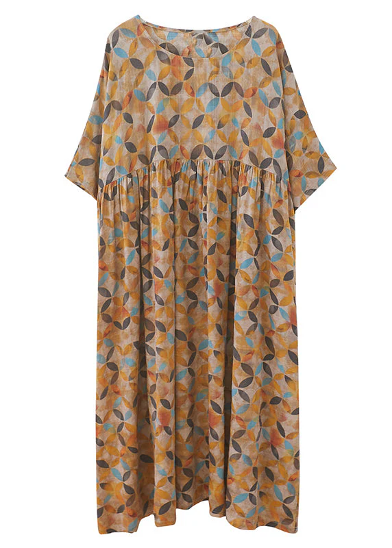 Baggy Yellow O-Neck wrinkled Leaf Print Linen Ankle Dress Half Sleeve - Image 5