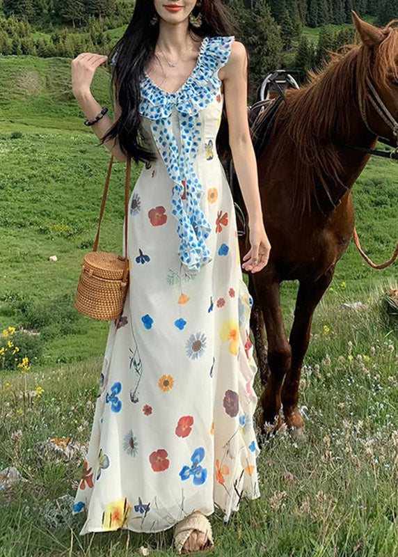Beac White V Neck Patchwork Maxi Dress Summer - Image 2