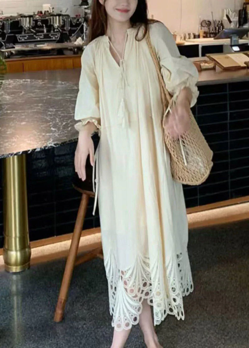 Beach Beige Tie Lace Hollow Out Maxi Dress Lantern Sleeve - Image 2