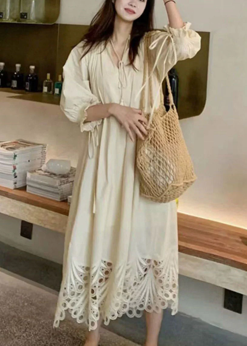 Beach Beige Tie Lace Hollow Out Maxi Dress Lantern Sleeve - Image 3