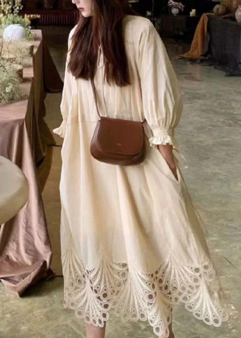 Beach Beige Tie Lace Hollow Out Maxi Dress Lantern Sleeve - Image 4