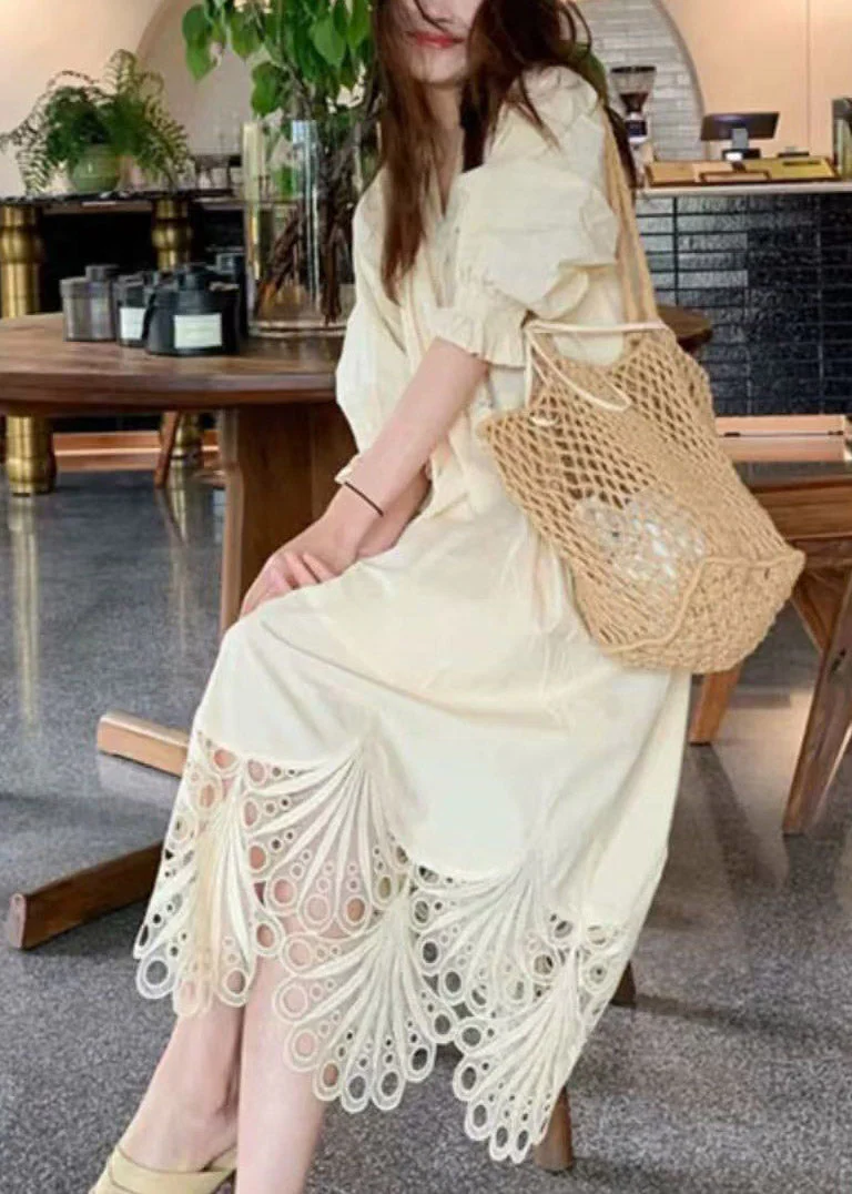 Beach Beige Tie Lace Hollow Out Maxi Dress Lantern Sleeve - Image 5