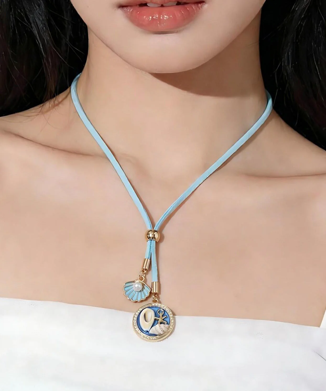 Beach Blue Alloy Shell Starfish Adjustable Pendant Necklace - Image 2
