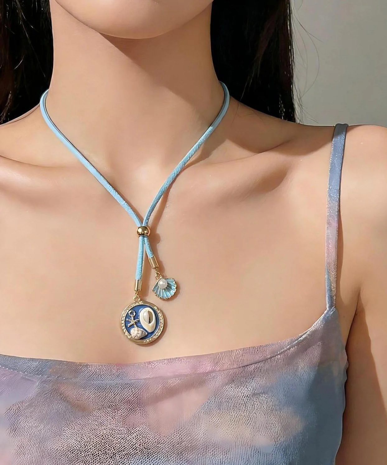 Beach Blue Alloy Shell Starfish Adjustable Pendant Necklace - Image 4