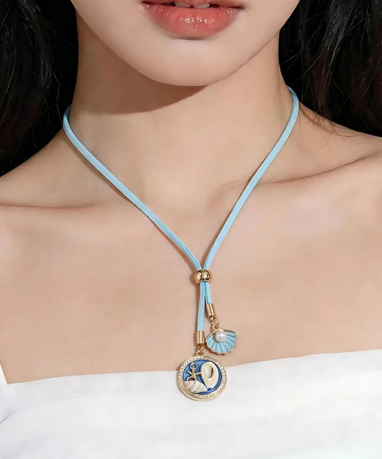 Beach Blue Alloy Shell Starfish Adjustable Pendant Necklace - Image 5