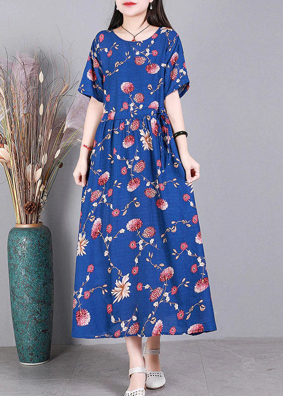 Beach Blue O-Neck Print Drawstring Tie Waist Linen Vacation Dresses Short Sleeve - Image 2