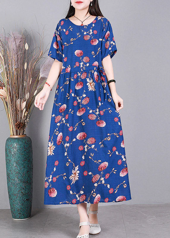 Beach Blue O-Neck Print Drawstring Tie Waist Linen Vacation Dresses Short Sleeve - Image 3