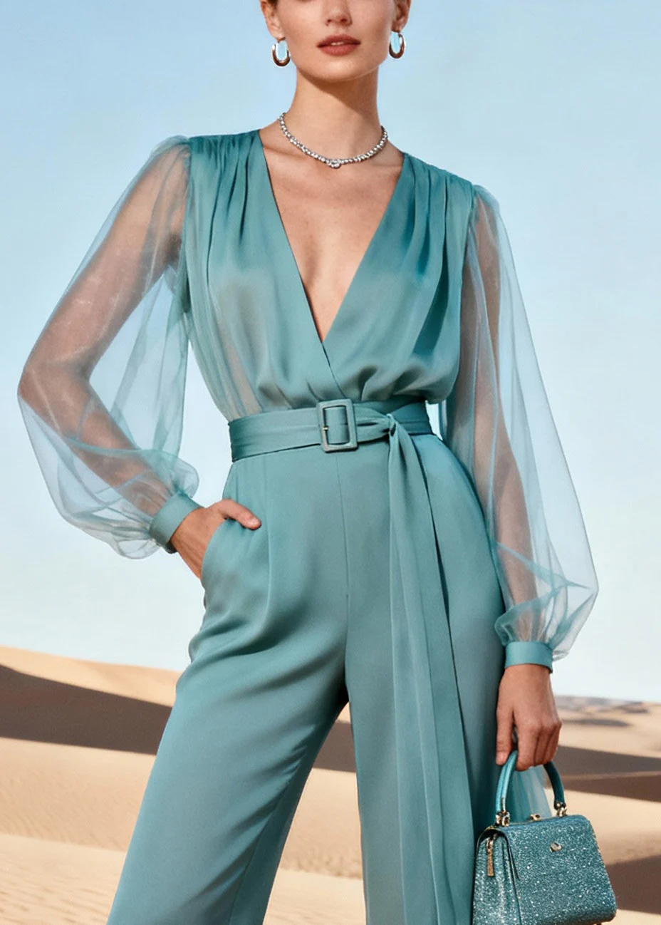 Beach Blue V Neck Tunic Tulle Patchwork Chiffon Jumpsuit Lantern Sleeve - Image 2