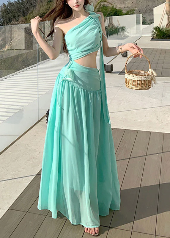 Beach Light Green One Shoulder Asymmetrical Chiffon Long Dresses Summer - Image 2