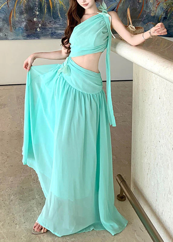 Beach Light Green One Shoulder Asymmetrical Chiffon Long Dresses Summer - Image 3