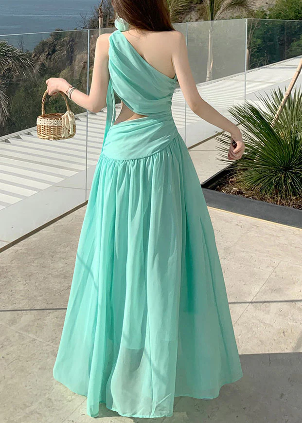 Beach Light Green One Shoulder Asymmetrical Chiffon Long Dresses Summer - Image 5