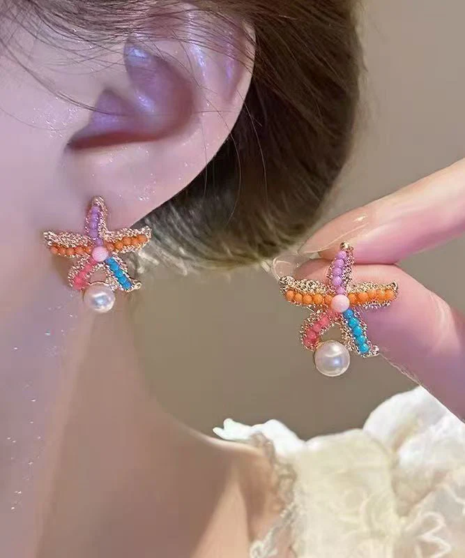 Beach Rainbow Alloy Pearl Coral Starfish Stud Earrings