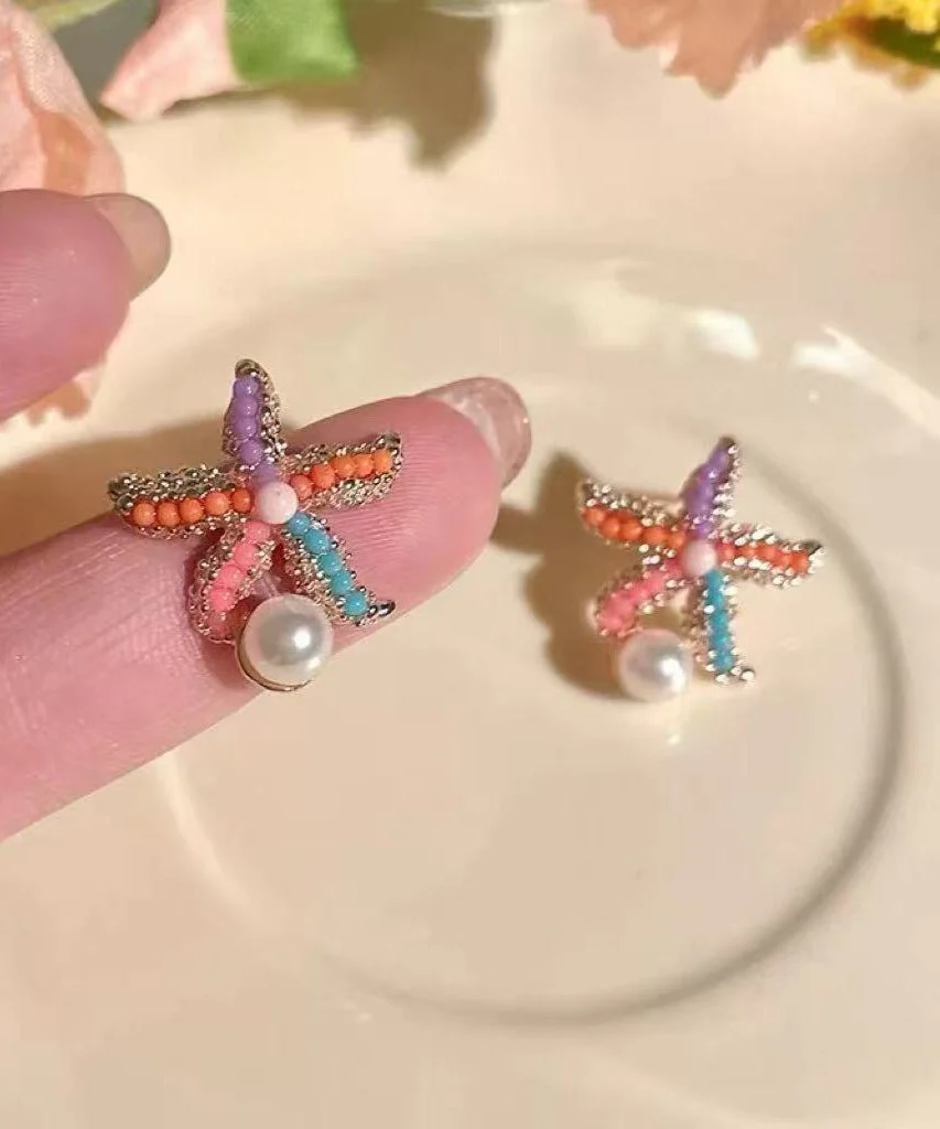 Beach Rainbow Alloy Pearl Coral Starfish Stud Earrings - Image 2