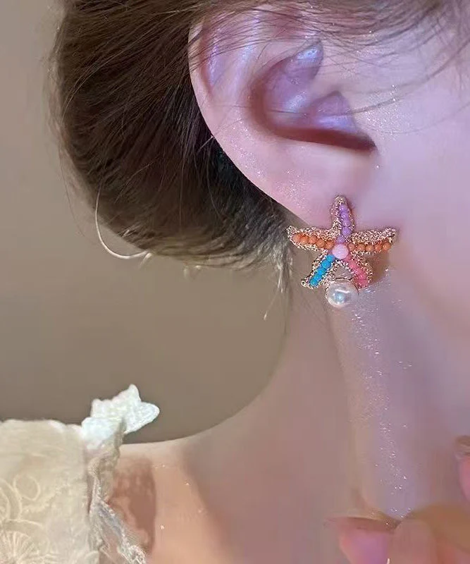 Beach Rainbow Alloy Pearl Coral Starfish Stud Earrings - Image 3