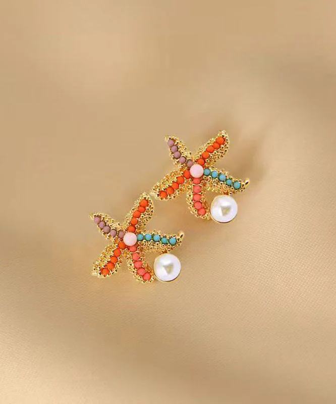 Beach Rainbow Alloy Pearl Coral Starfish Stud Earrings - Image 4