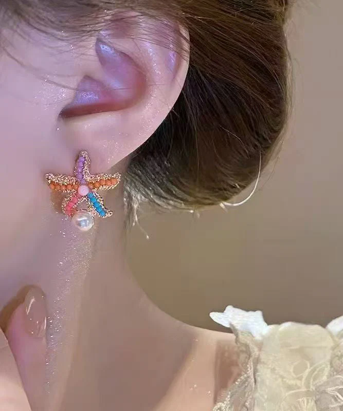Beach Rainbow Alloy Pearl Coral Starfish Stud Earrings - Image 5