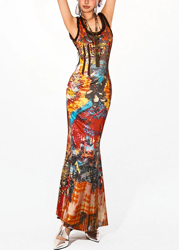Beach Rainbow O-Neck Holiday Long Spaghetti Strap Fishtail Dress Sleeveless - Image 3