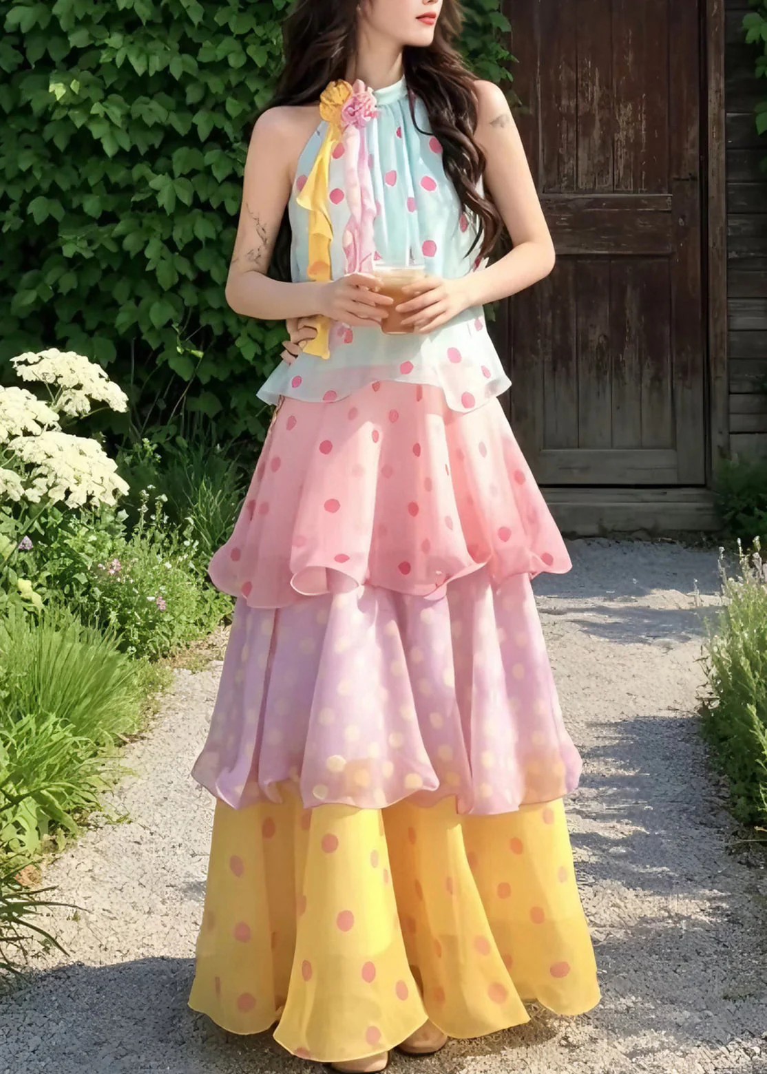 Beach Rainbow Stand Collar Floral Chiffon Long Cake Dresses Summer - Image 2