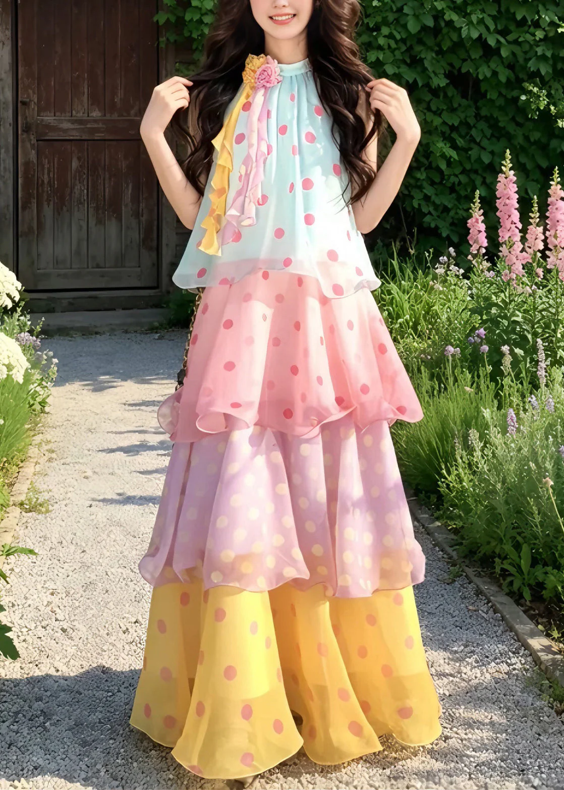 Beach Rainbow Stand Collar Floral Chiffon Long Cake Dresses Summer - Image 3