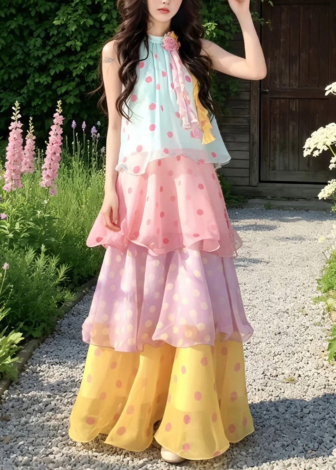 Beach Rainbow Stand Collar Floral Chiffon Long Cake Dresses Summer - Image 4