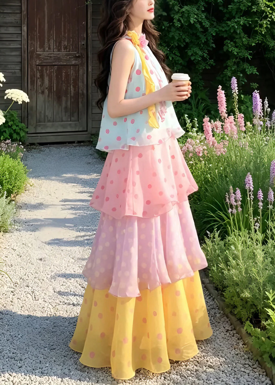 Beach Rainbow Stand Collar Floral Chiffon Long Cake Dresses Summer - Image 5