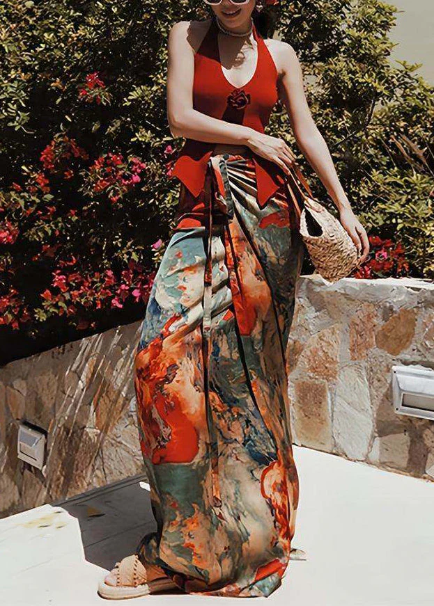 Beach Red Floral Vest And Maxi Skirts Two Pieces Set Summer - Image 4