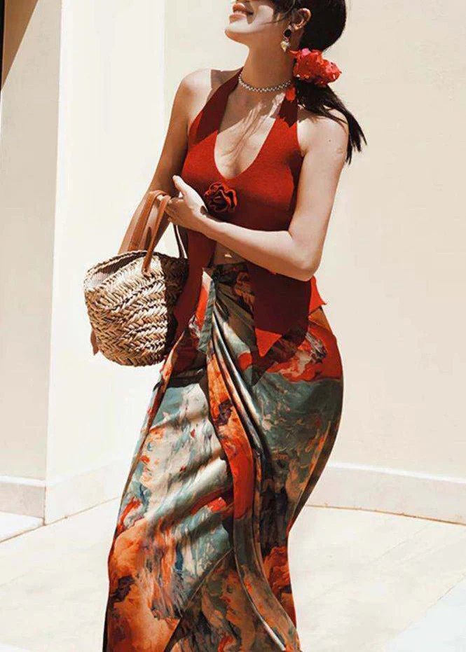 Beach Red Floral Vest And Maxi Skirts Two Pieces Set Summer - Image 5