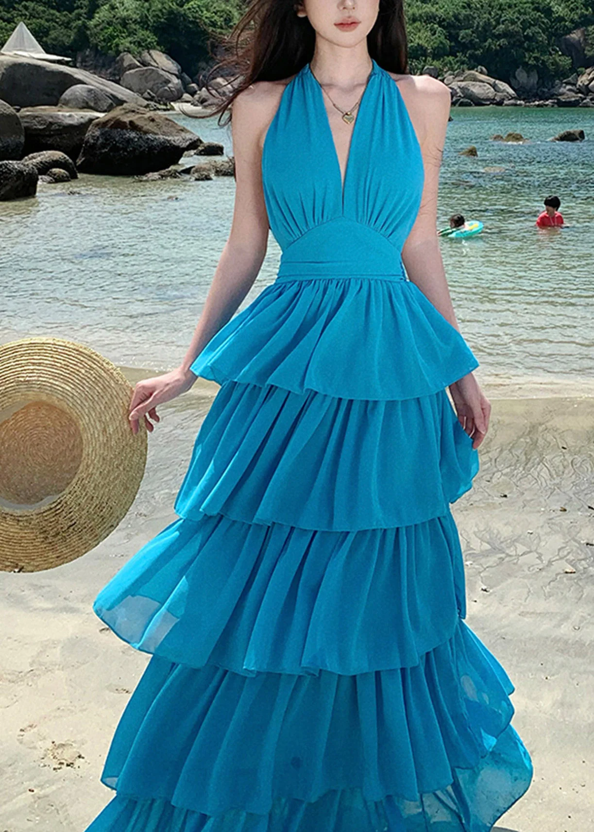 Beach Red V Neck Halter Backless Maxi Cake Dress Sleeveless - Image 2