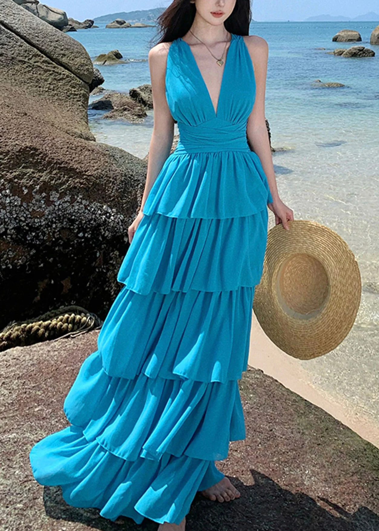 Beach Red V Neck Halter Backless Maxi Cake Dress Sleeveless - Image 3