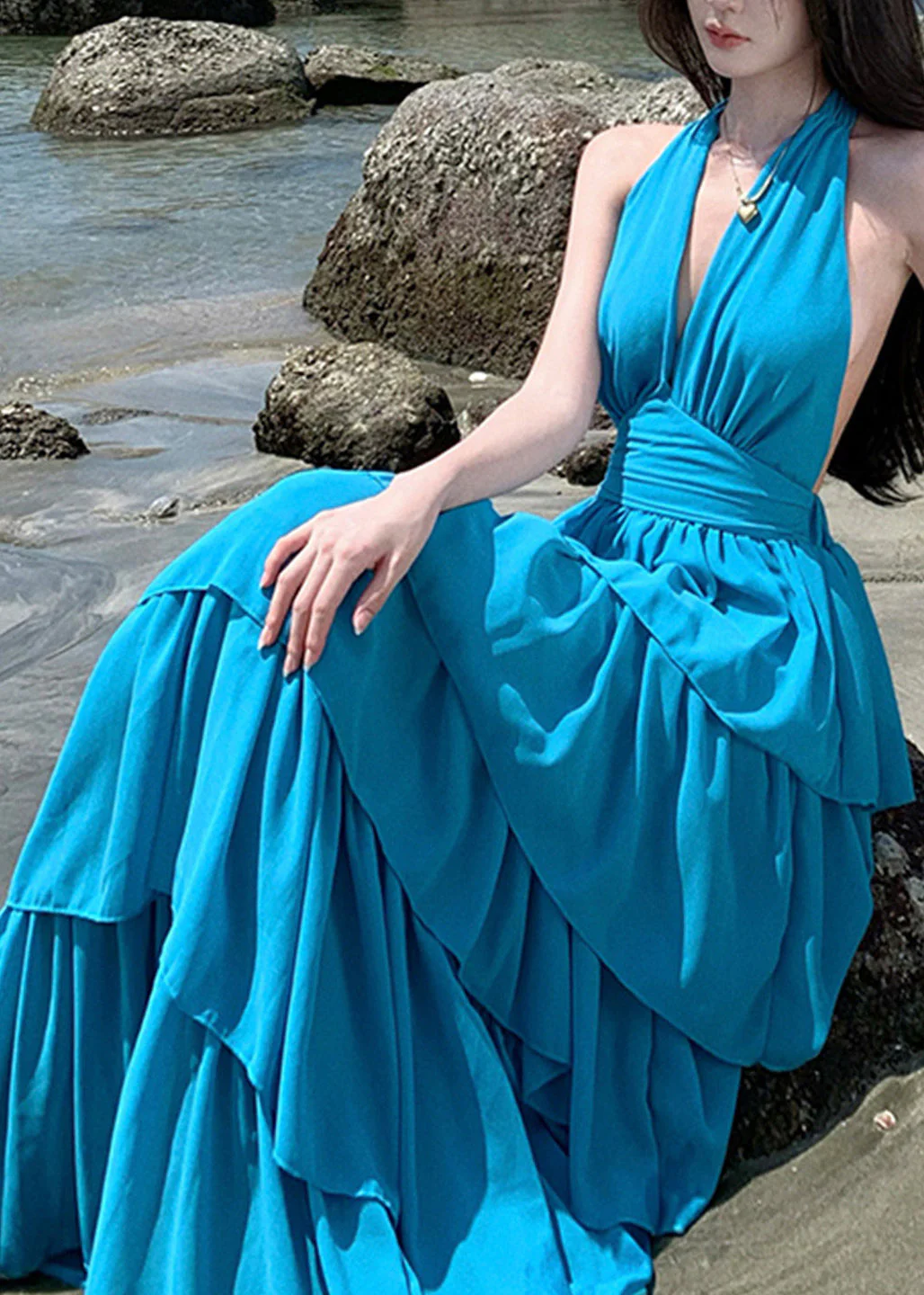 Beach Red V Neck Halter Backless Maxi Cake Dress Sleeveless - Image 4