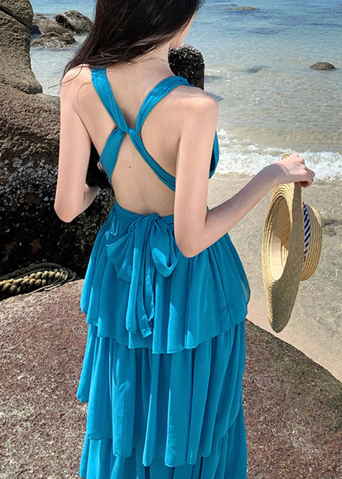 Beach Red V Neck Halter Backless Maxi Cake Dress Sleeveless - Image 5