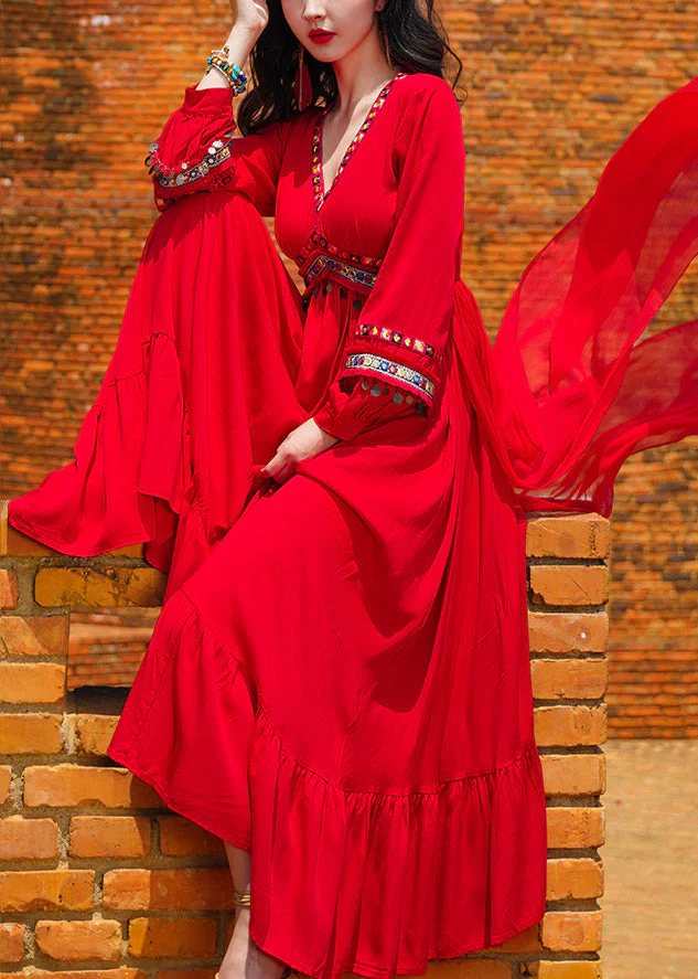 Beach Red V Neck Tasseled Sequins Patchwork Chiffon Exra Large Hem Dresses Fall - Image 2