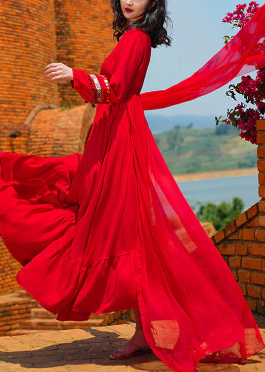 Beach Red V Neck Tasseled Sequins Patchwork Chiffon Exra Large Hem Dresses Fall - Image 3