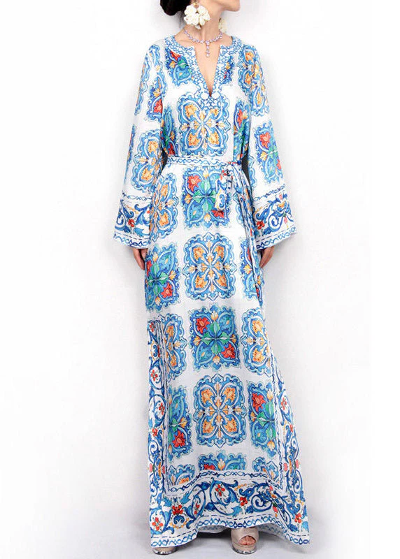 Beach V Neck Print Tie Waist Maxi Dress Fall - Image 5