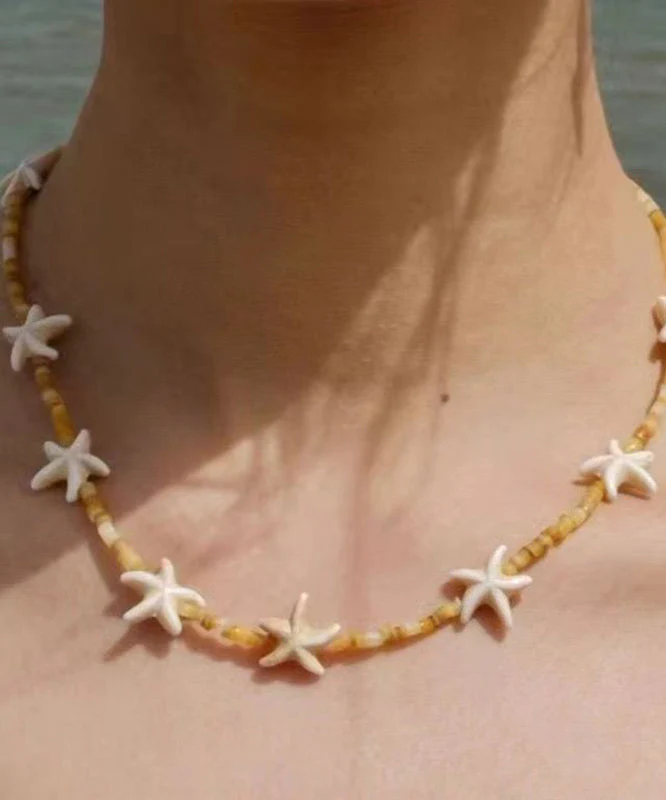 Beach Yellow Alloy Starfish Shell Beading Necklace