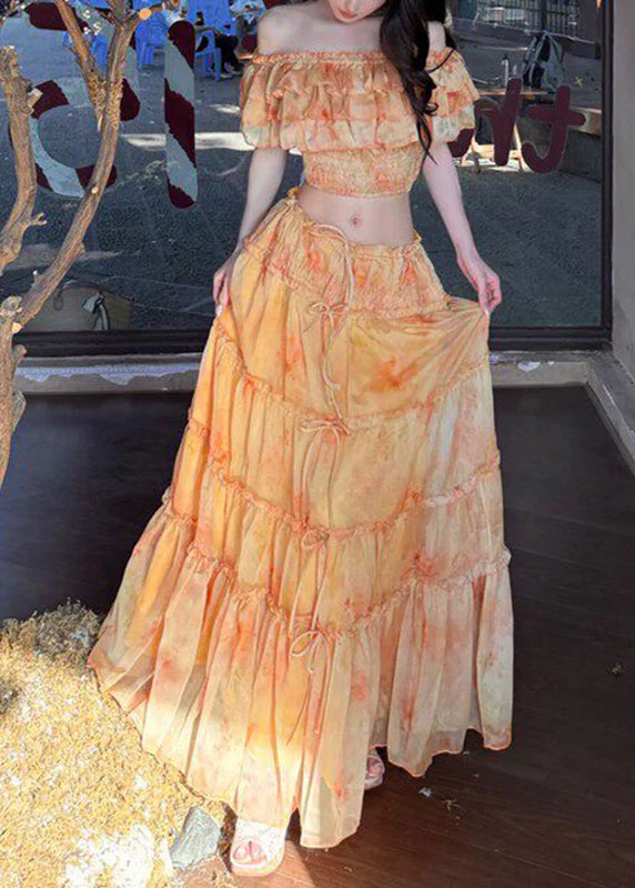 Beach Yellow Cold Shoulder Ruffled Top And Maxi Skirts Two Pieces Set Short Sleeve - Image 2