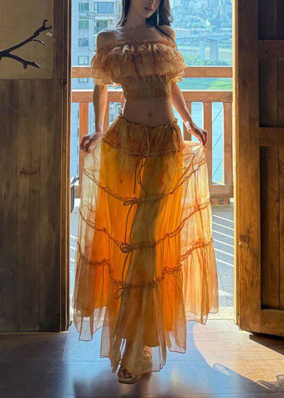 Beach Yellow Cold Shoulder Ruffled Top And Maxi Skirts Two Pieces Set Short Sleeve - Image 3