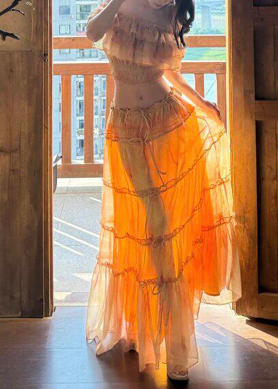 Beach Yellow Cold Shoulder Ruffled Top And Maxi Skirts Two Pieces Set Short Sleeve - Image 4