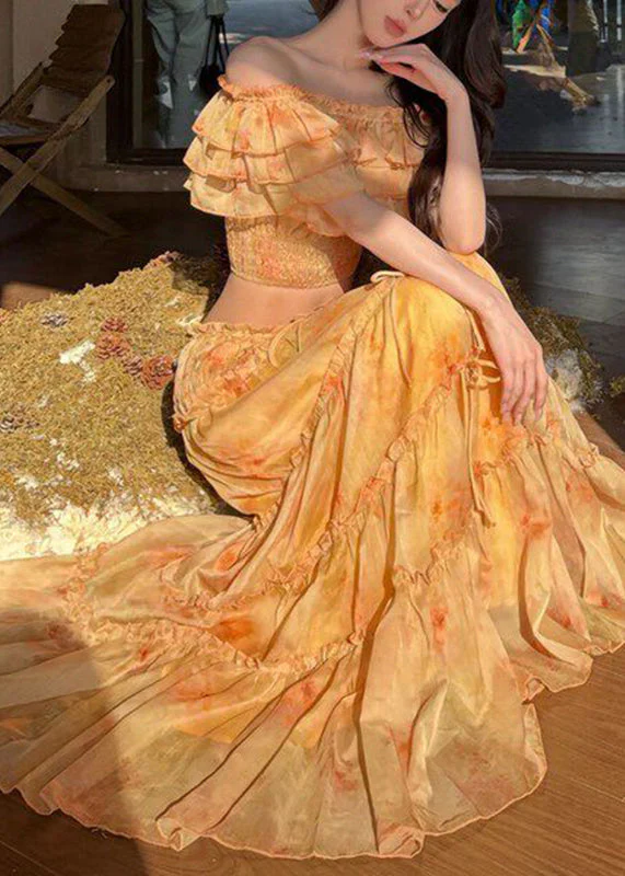 Beach Yellow Cold Shoulder Ruffled Top And Maxi Skirts Two Pieces Set Short Sleeve - Image 5
