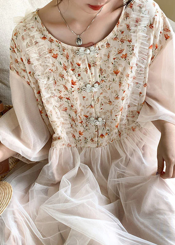 Beautiful Apricot O-Neck Embroideried Tulle Patchwork Maxi Dresses Half Sleeve - Image 3