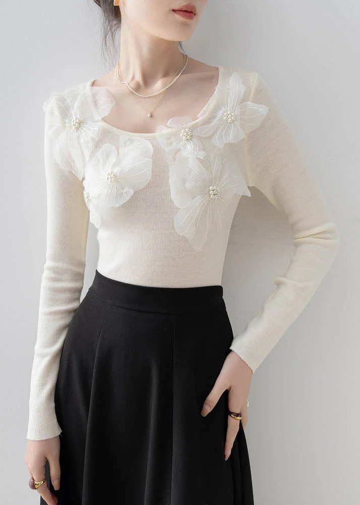 Beautiful Apricot O Neck Floral Nail Bead Knit Top Spring - Image 2