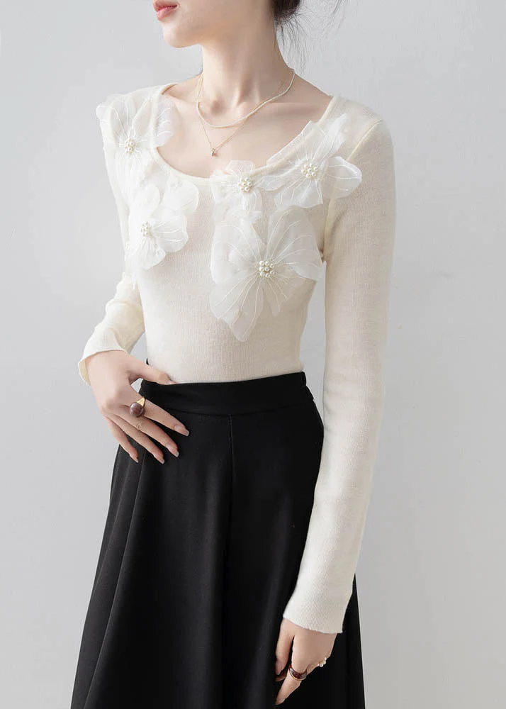Beautiful Apricot O Neck Floral Nail Bead Knit Top Spring - Image 3