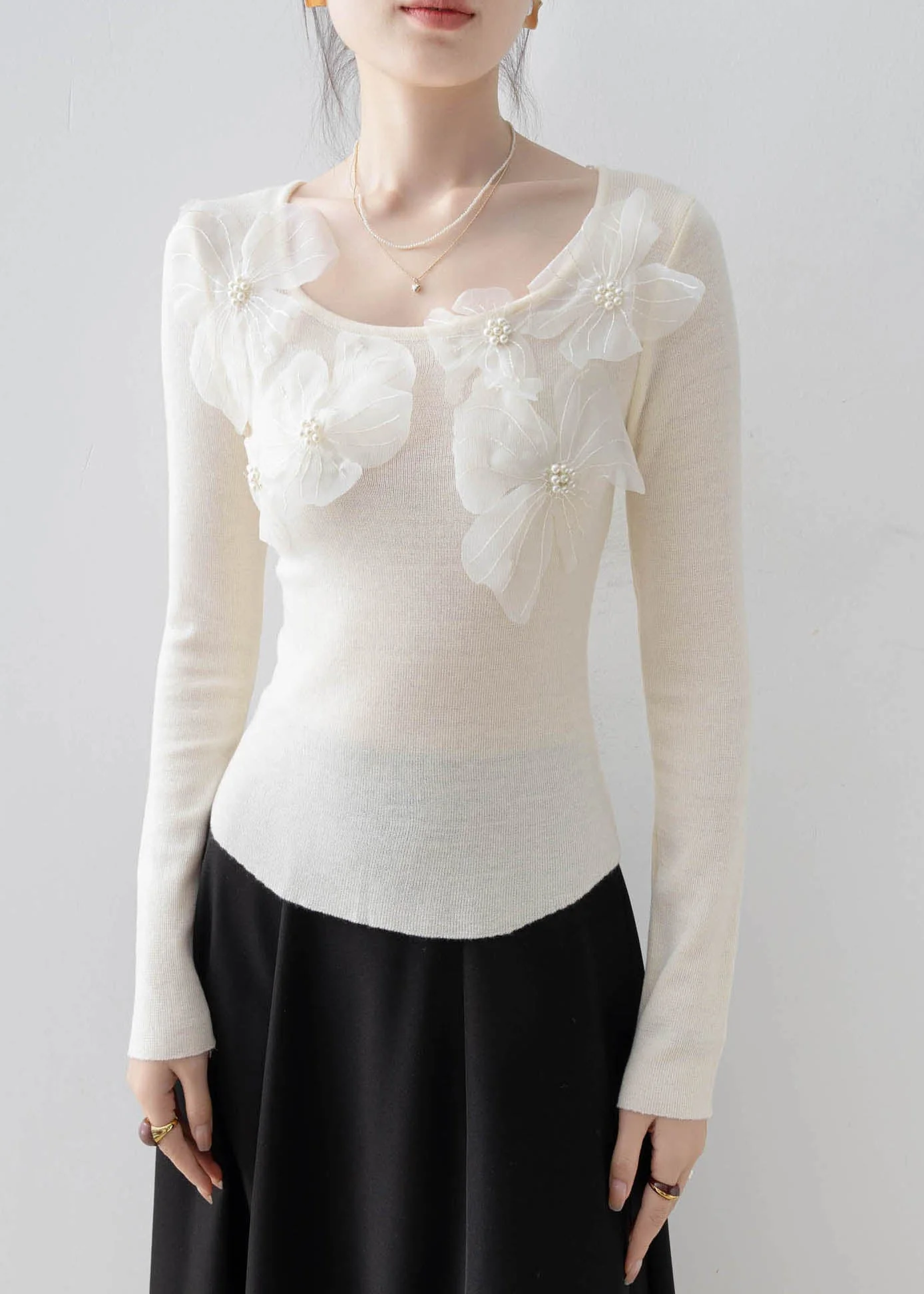 Beautiful Apricot O Neck Floral Nail Bead Knit Top Spring - Image 5
