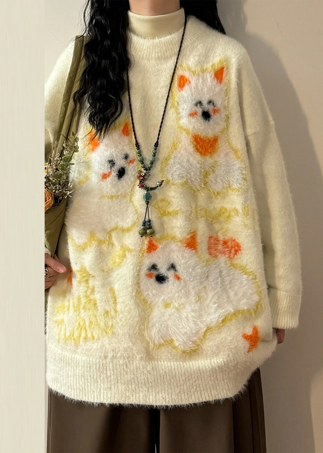 Beautiful Apricot O-Neck Little Dog Cozy Mink Hair Knitted Sweater Winter - Image 4
