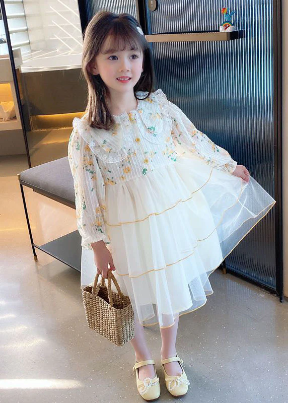 Beautiful Apricot Peter Pan Collar Patchwork Tulle Girls Long Dresses Long Sleeve - Image 2