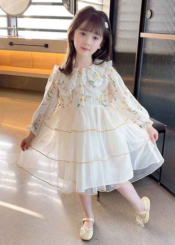 Beautiful Apricot Peter Pan Collar Patchwork Tulle Girls Long Dresses Long Sleeve - Image 3