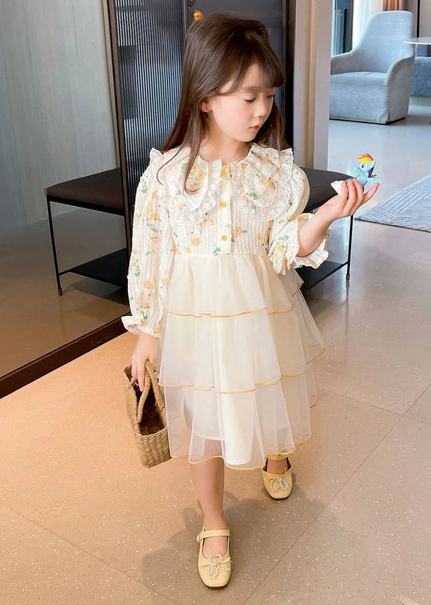 Beautiful Apricot Peter Pan Collar Patchwork Tulle Girls Long Dresses Long Sleeve - Image 4