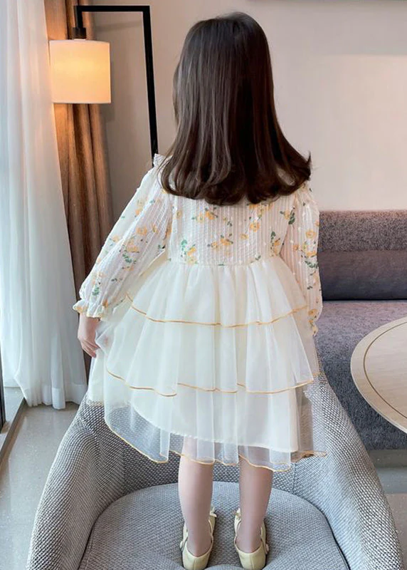 Beautiful Apricot Peter Pan Collar Patchwork Tulle Girls Long Dresses Long Sleeve - Image 5