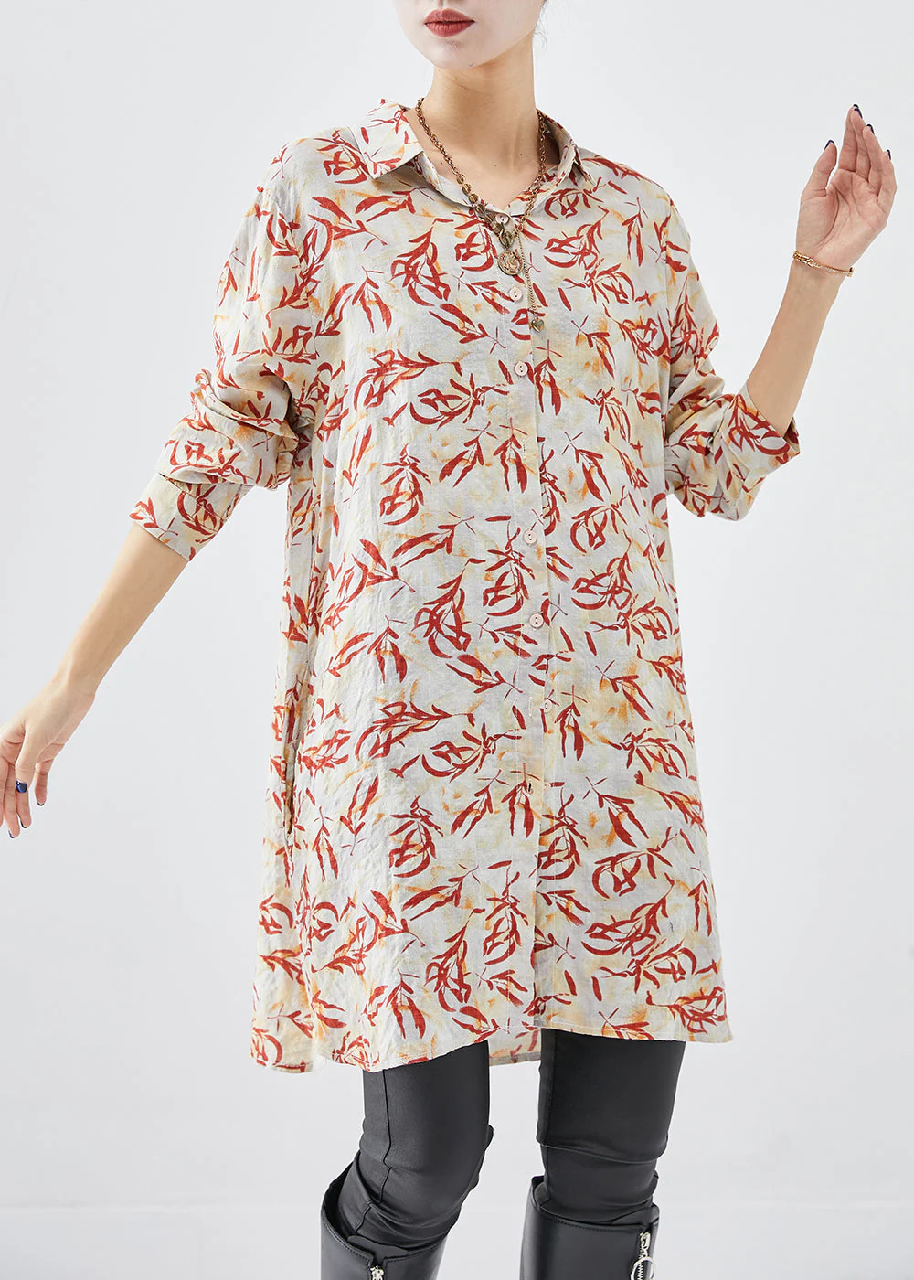 Beautiful Apricot Print Cotton Shirt Dress Fall - Image 3