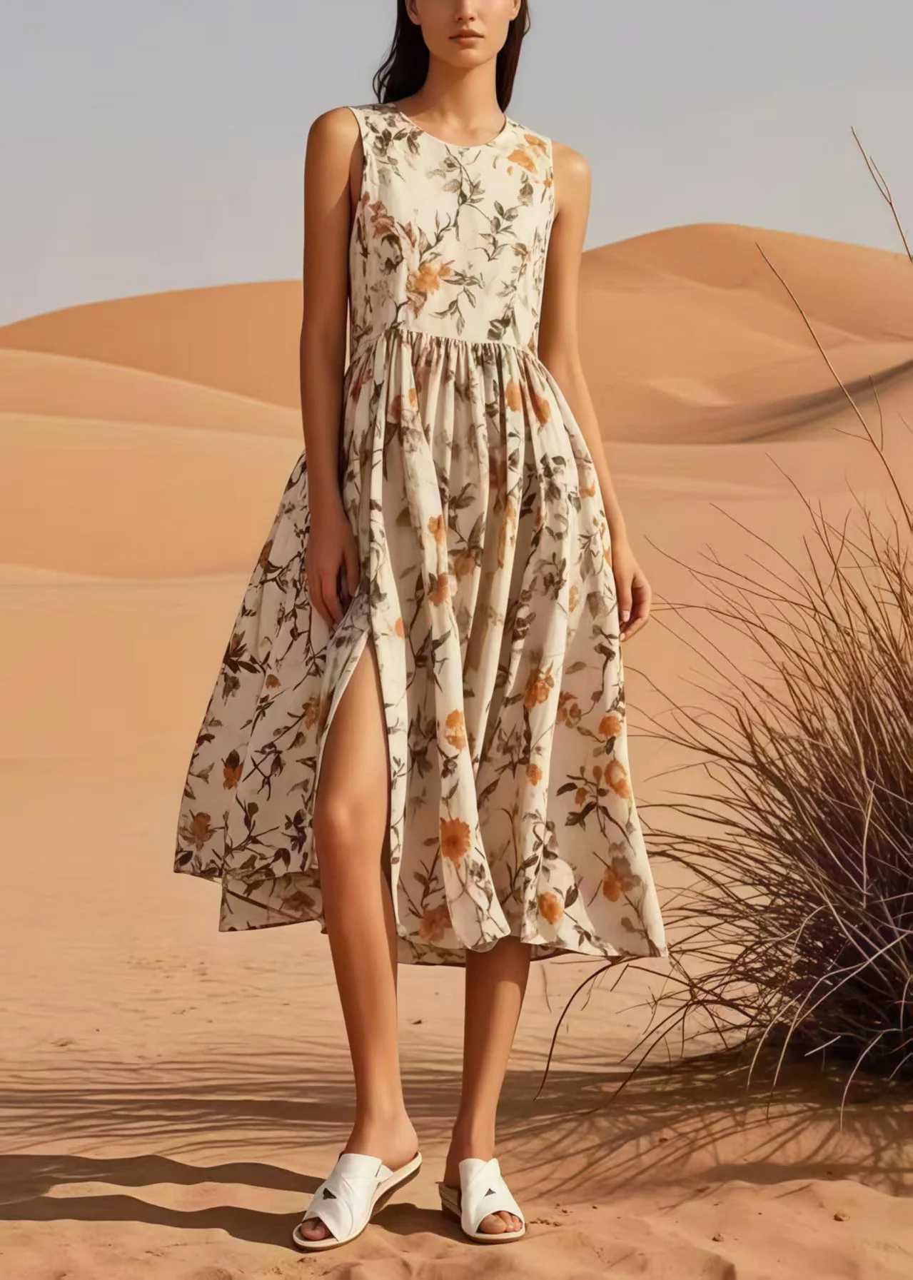 Beautiful Apricot Print Side Open Cotton Long Dress Sleeveless - Image 3